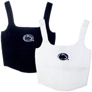 women's navy and white knit corset tops with stitched Penn State Athletic Logos